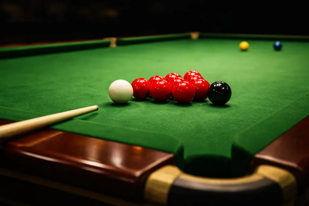 Snooker-Spieler am Tisch kurz vor einem Century Break mit aufgereihten Kugeln