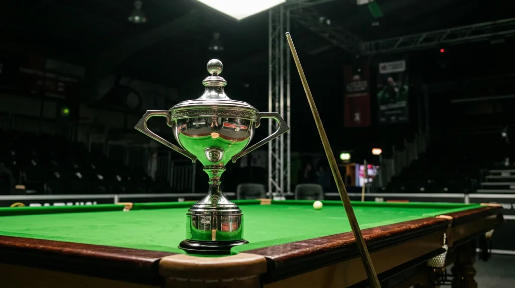 Snooker-WM-Pokal auf grünem Tisch als Symbol für Outright-Turniersiegerwetten