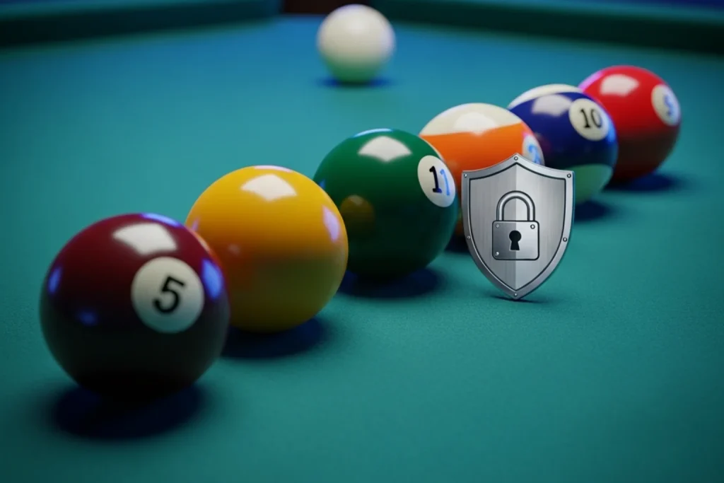 Snooker-Kugeln auf einem Tisch mit Sicherheitsschild als Symbol für Integrität