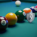 Snooker-Kugeln auf einem Tisch mit Sicherheitsschild als Symbol für Integrität