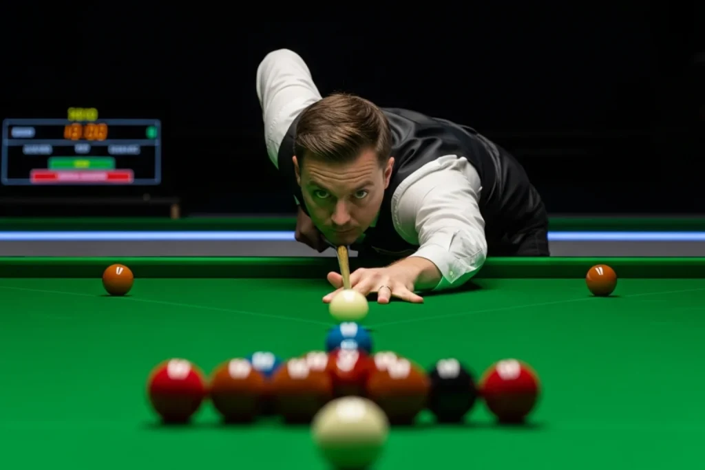 Snooker-Spieler am Tisch mit Anzeigetafel und Momentum-Grafik