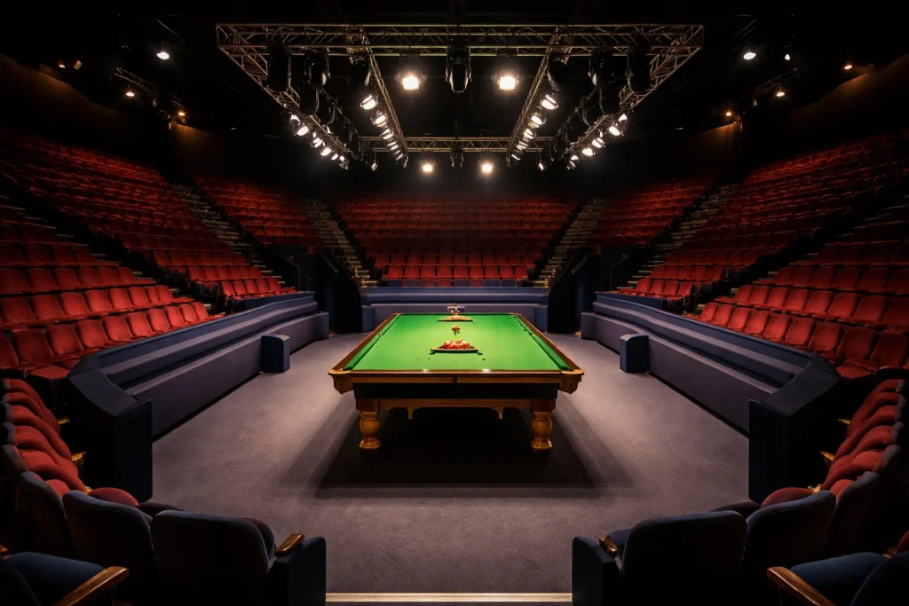 Crucible Theatre Sheffield mit Snooker-Tisch und Zuschauern bei einer WM-Session