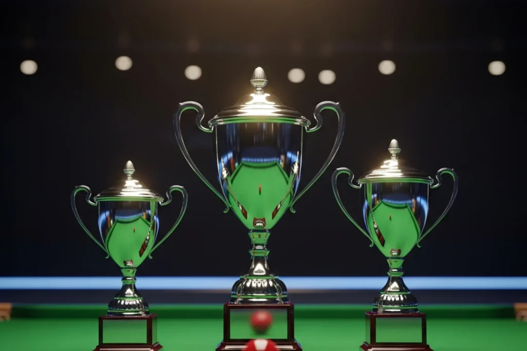 Drei Snooker-Pokale der Triple Crown nebeneinander auf grünem Filz