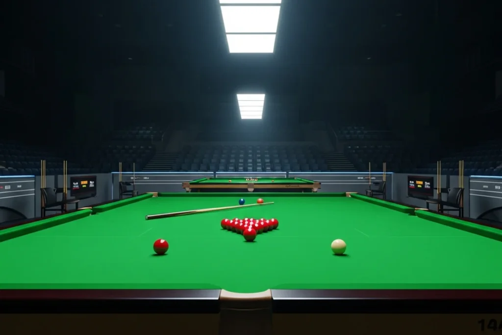 Snooker-Tisch in einer großen Turnierhalle beim UK Championship