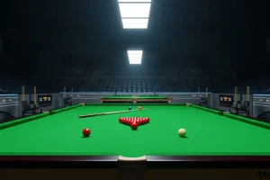 Snooker-Tisch in einer großen Turnierhalle beim UK Championship