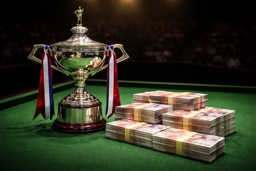 Snooker WM Pokal neben einem Stapel Pfundnoten als Symbol für Preisgeld