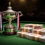 Snooker WM Pokal neben einem Stapel Pfundnoten als Symbol für Preisgeld